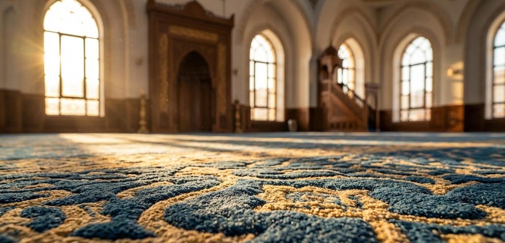 Detailaufnahme eines Moscheeteppichs mit Reihenmuster